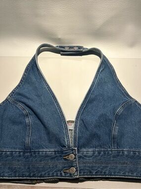 Levi’s Denim Halter Crop Top - Button Front Strech XL Blue/Tan Stitching